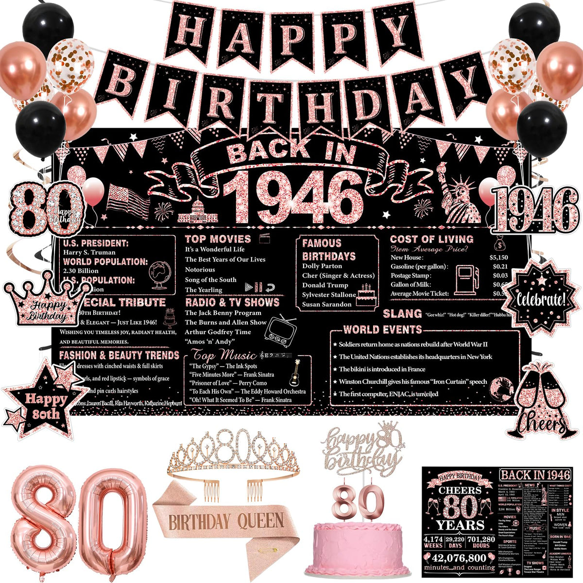 PopularLdo 80th birthday sash in rose gold and black for a regal look at celebrations.