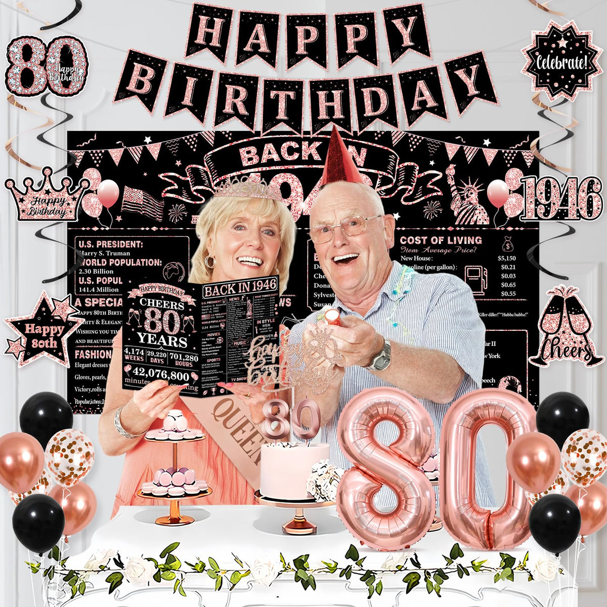 PopularLdo Happy 80th Birthday banner acts as a focal point.