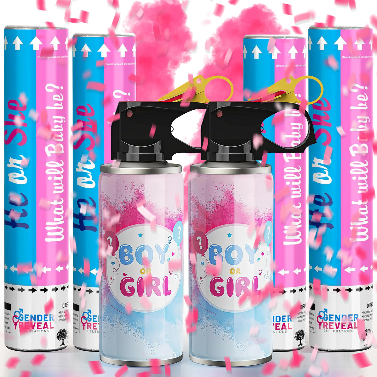 Popuparty pink gender reveal extinguishers in a 2-pack for dramatic reveal moments.