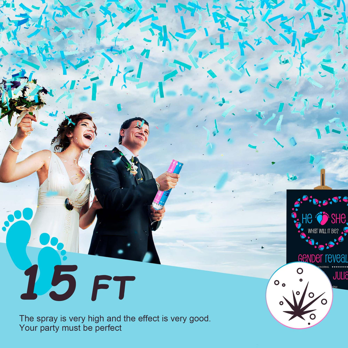 Popuparty reveal moment photo-ready with blue props