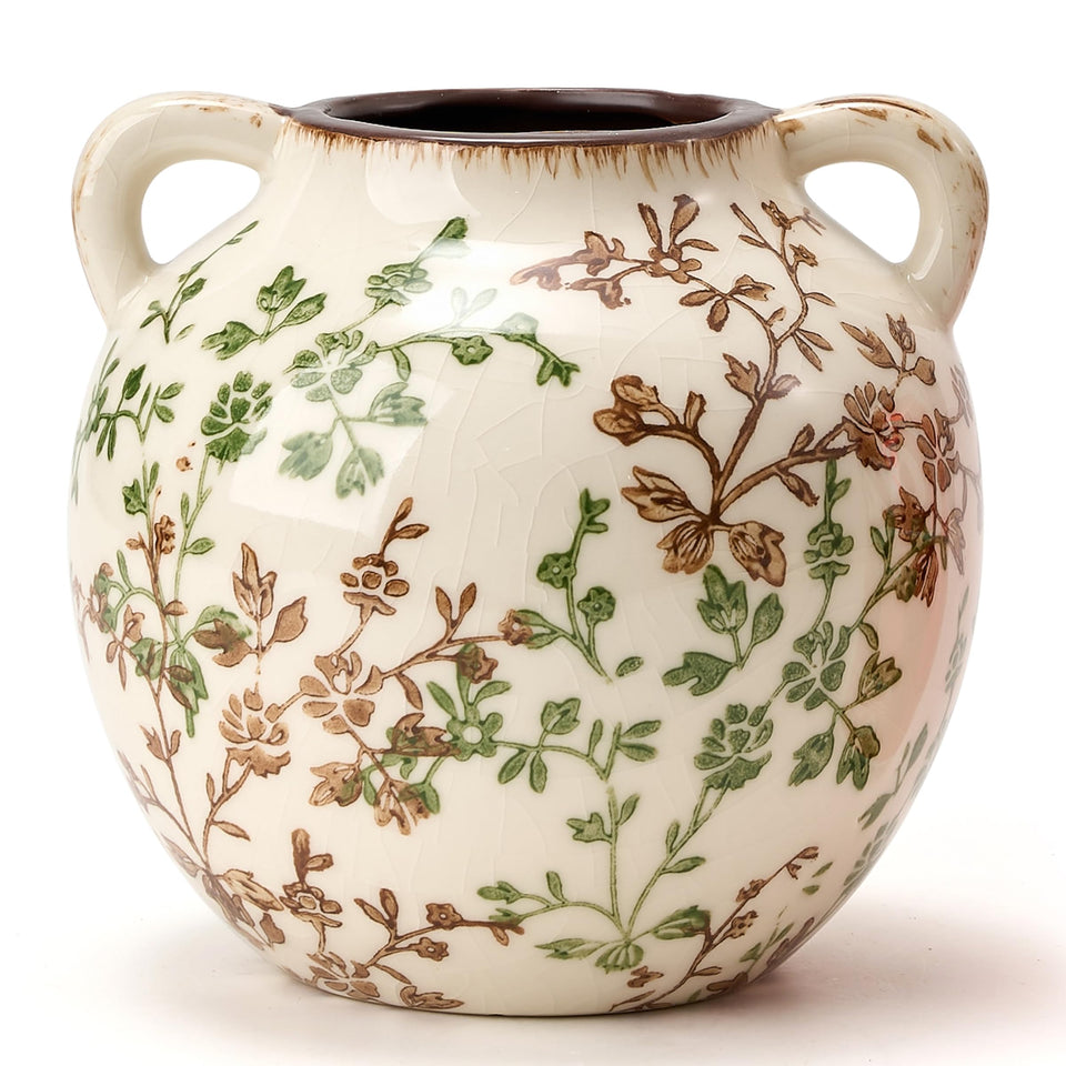 PORCER Green and Beige Antique Vase with chinoiserie floral for shelf display.