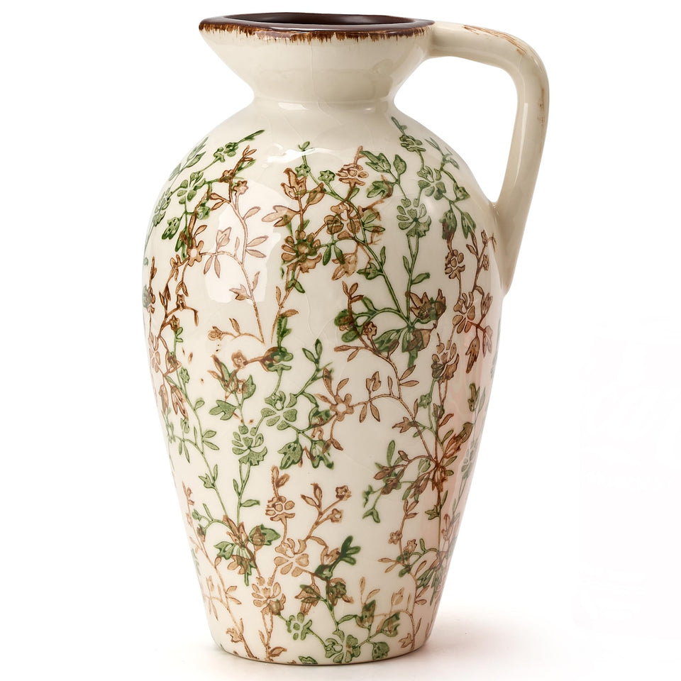 PORCER Green and Beige Antique Vase with floral pattern elevates living room decor.