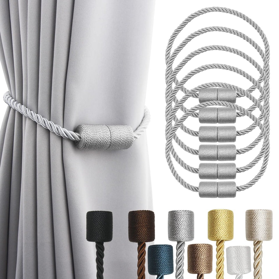 Porlau 6-pack grey magnetic curtain tiebacks securing outdoor drapes with secure clips.