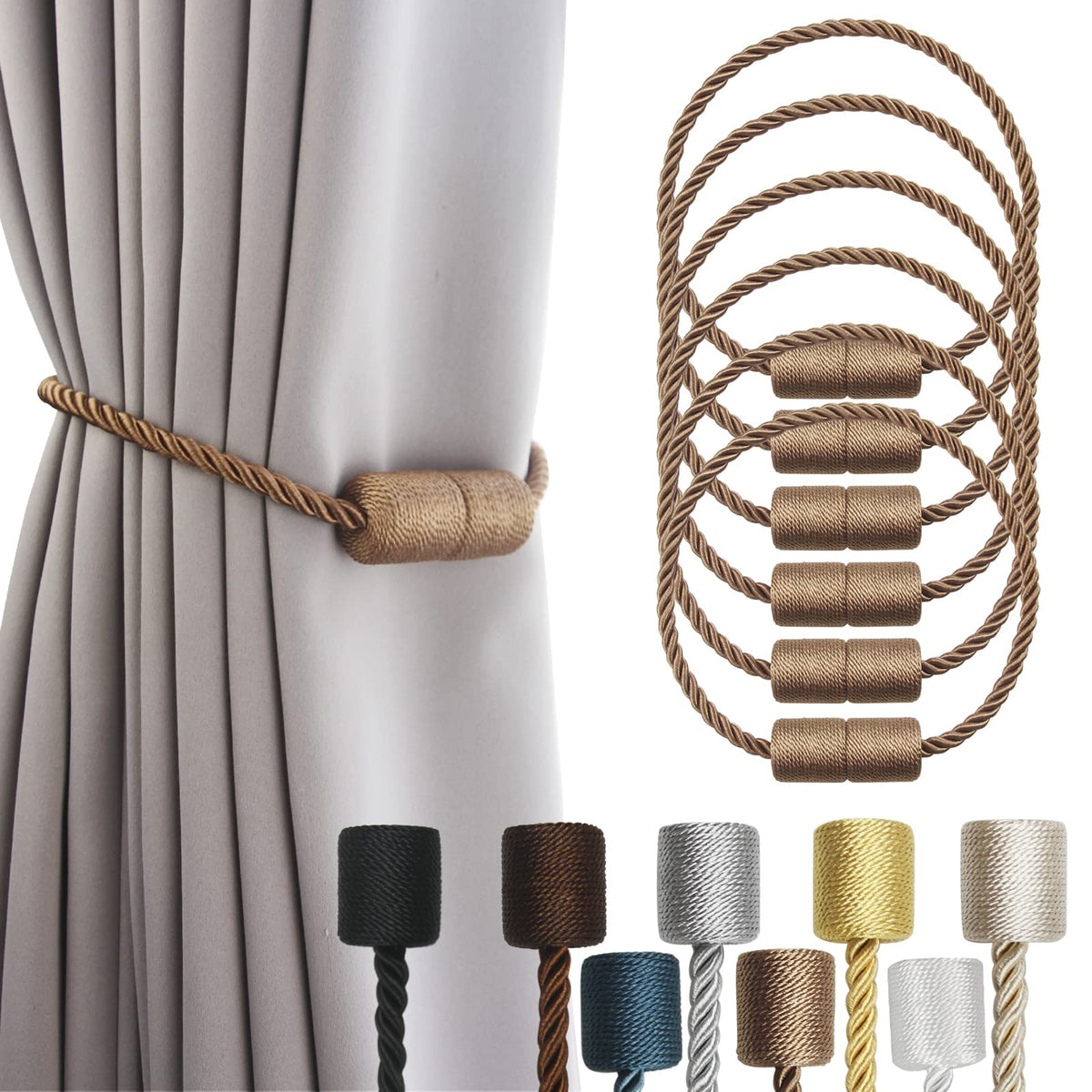 Porlau 6-pack khaki magnetic curtain tiebacks close-up weave showing soft durable hold