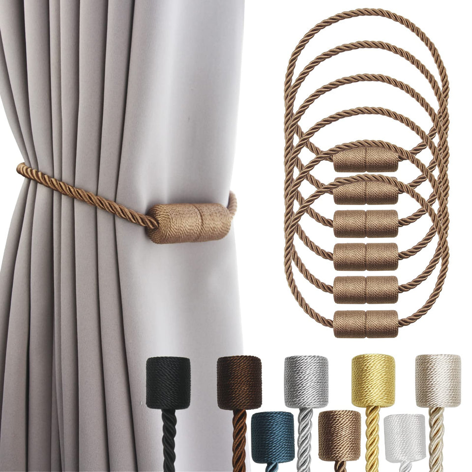 Porlau 6-pack khaki magnetic curtain tiebacks close-up weave showing soft durable hold