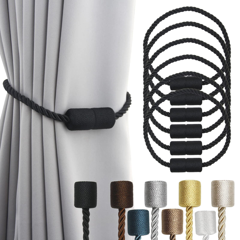 Porlau black magnetic tiebacks close-up showing durable magnets and soft rope texture for secure curtains.