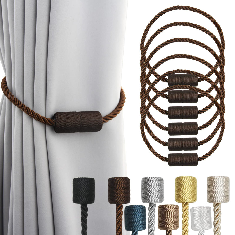 Porlau 6-pack coffee magnetic curtain tiebacks in full set for outdoor windows.