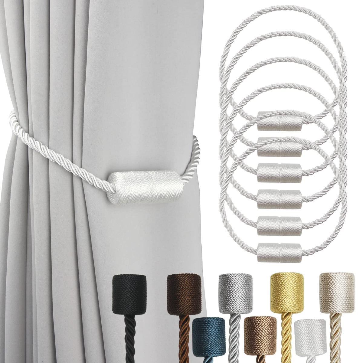 Porlau white strong magnetic curtain tiebacks front view show durable hold for drapes