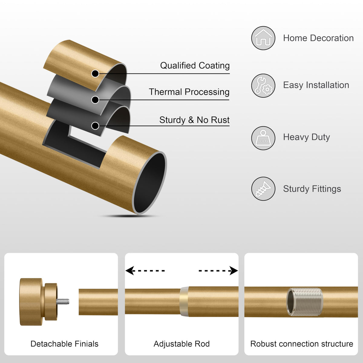 PORTRES Gold rod with 33 pound load capacity for heavier drapes