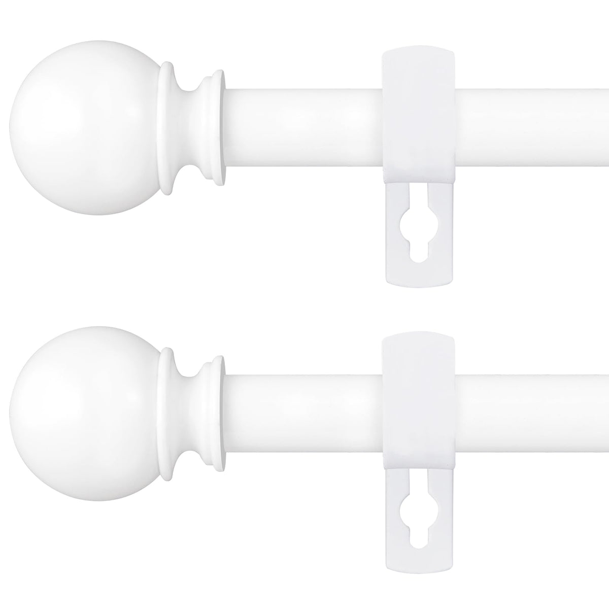 Poskena white curtain rods, front view, sturdy two-pack for reliable drapery support.
