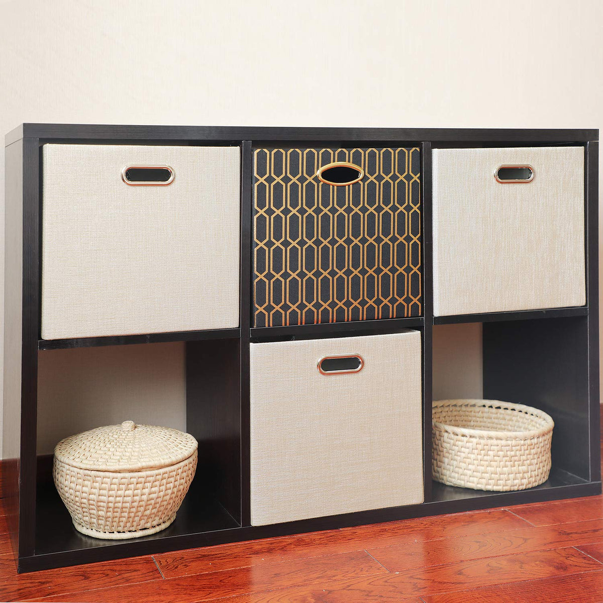 Posprica beige storage bin for shelf or cabinet, versatile home organizer.