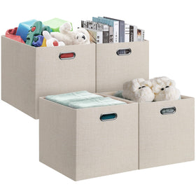 Posprica beige collapsible storage bin front view for organized shelves.