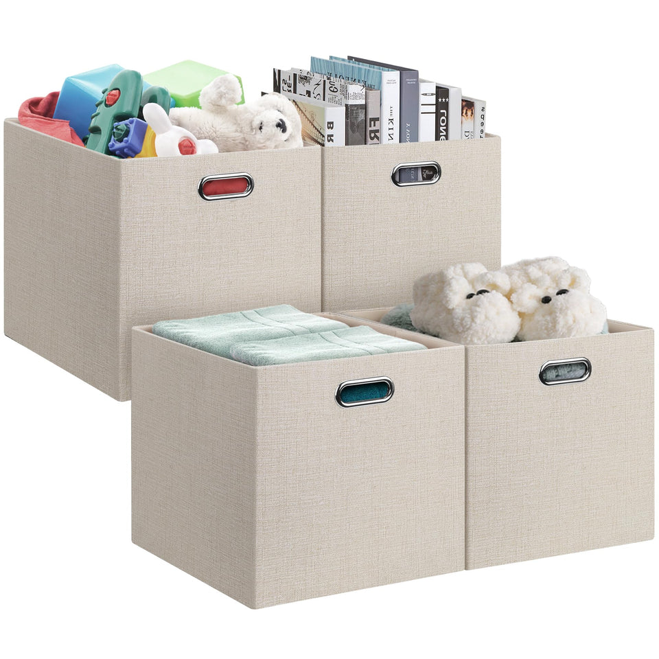 Posprica beige collapsible storage bin front view for organized shelves.