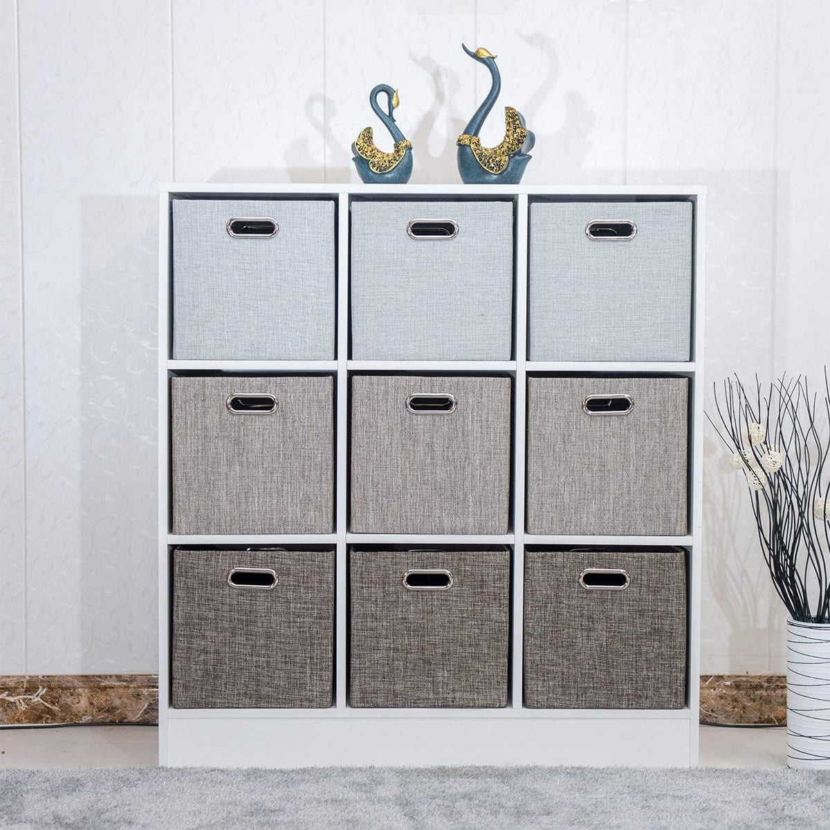 Posprica cubby bins on a shelf, organized storage solution