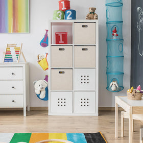 Posprica cube storage bins fit neatly in IKEA Kallax shelves.