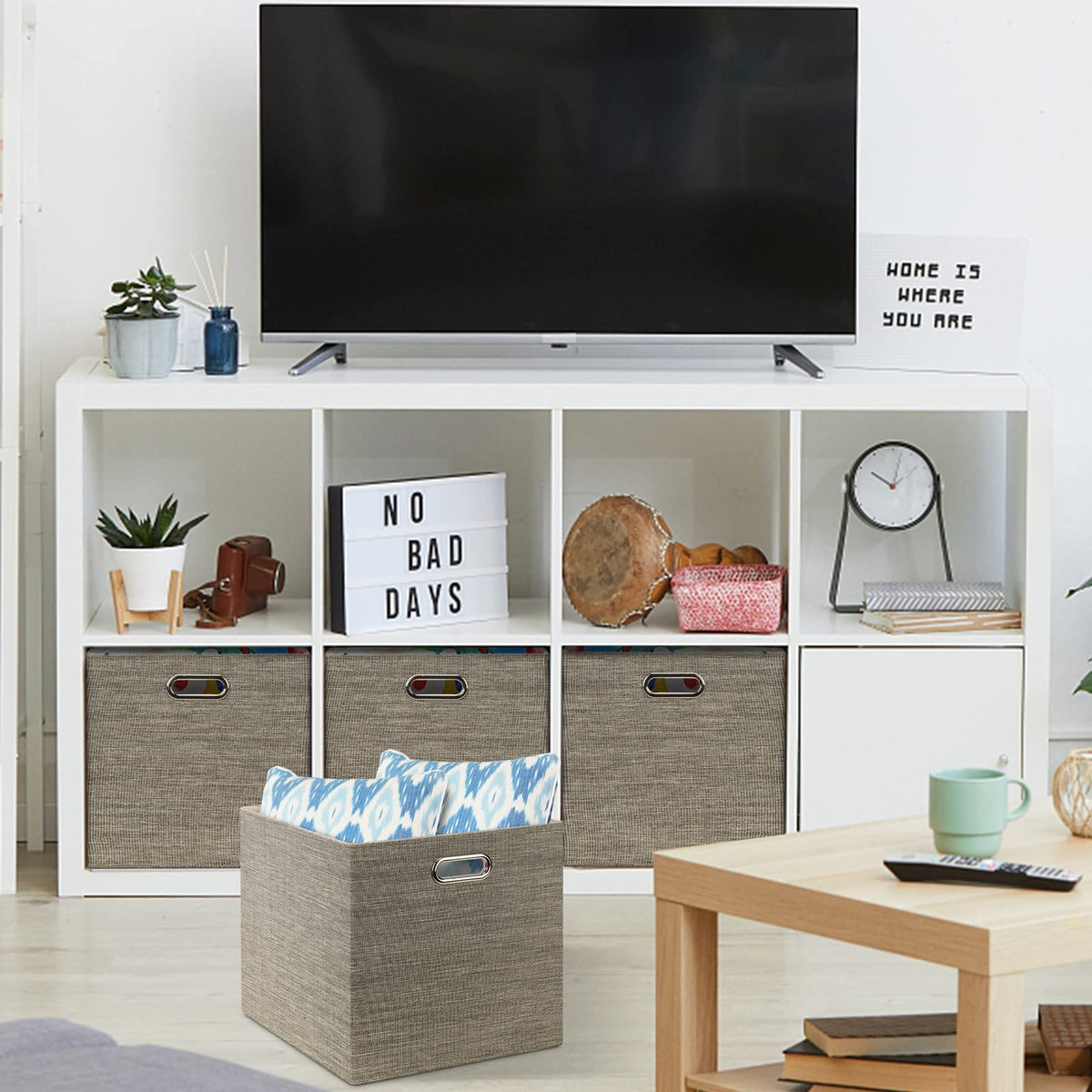 Posprica fabric storage basket in coffee adds decorative organization.