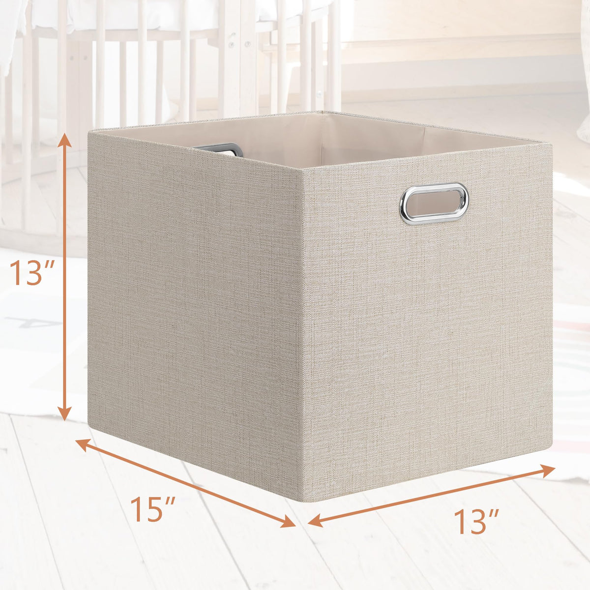 Posprica storage bin with metal handles offers sturdy grip for quick access.