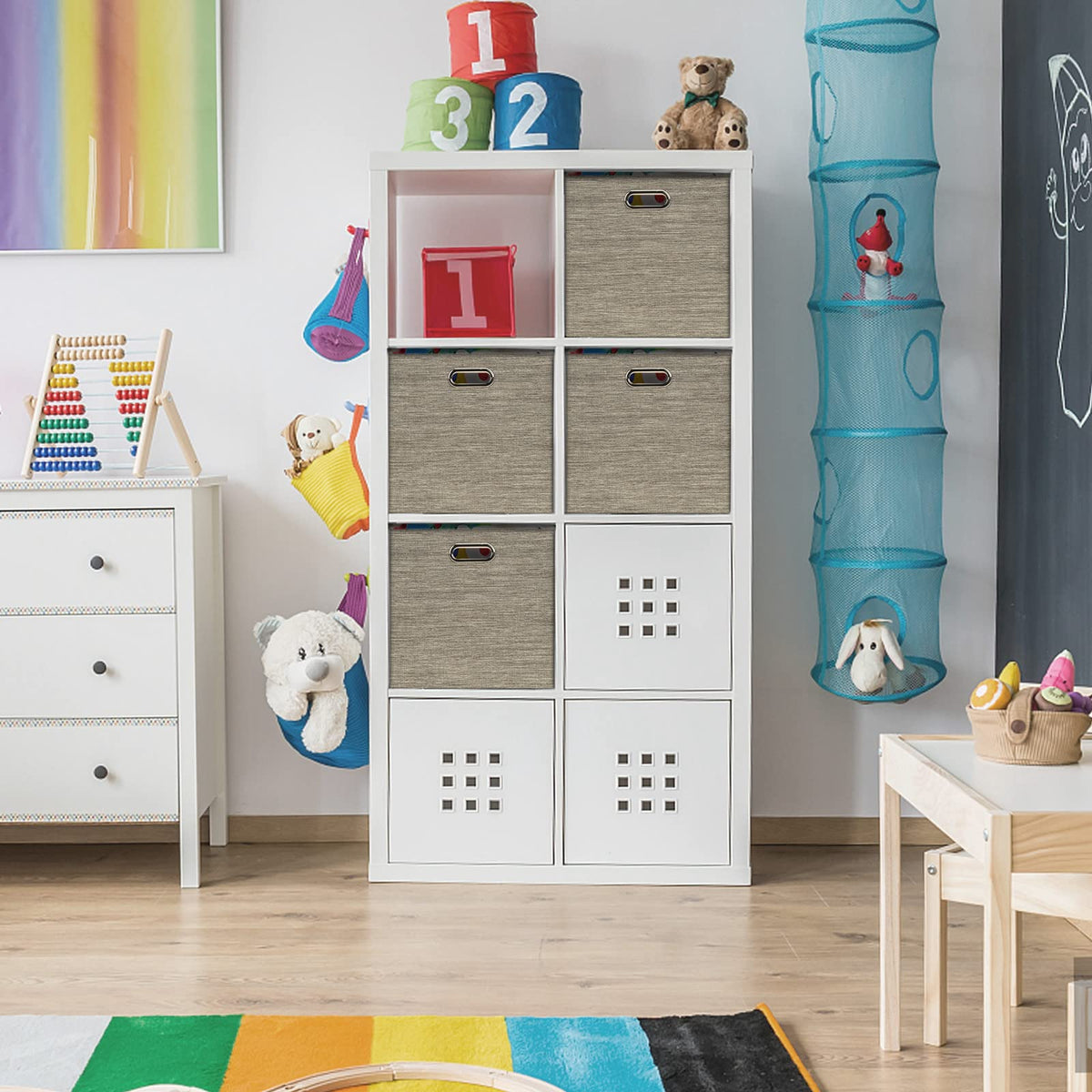 Posprica storage bin with metal handles for easy access.