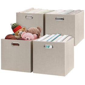 Posprica storage cube basket 13x13 beige, foldable for tidy closet organization.