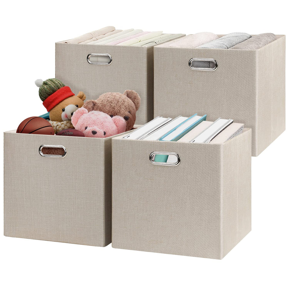 Posprica storage cube basket 13x13 beige, foldable for tidy closet organization.