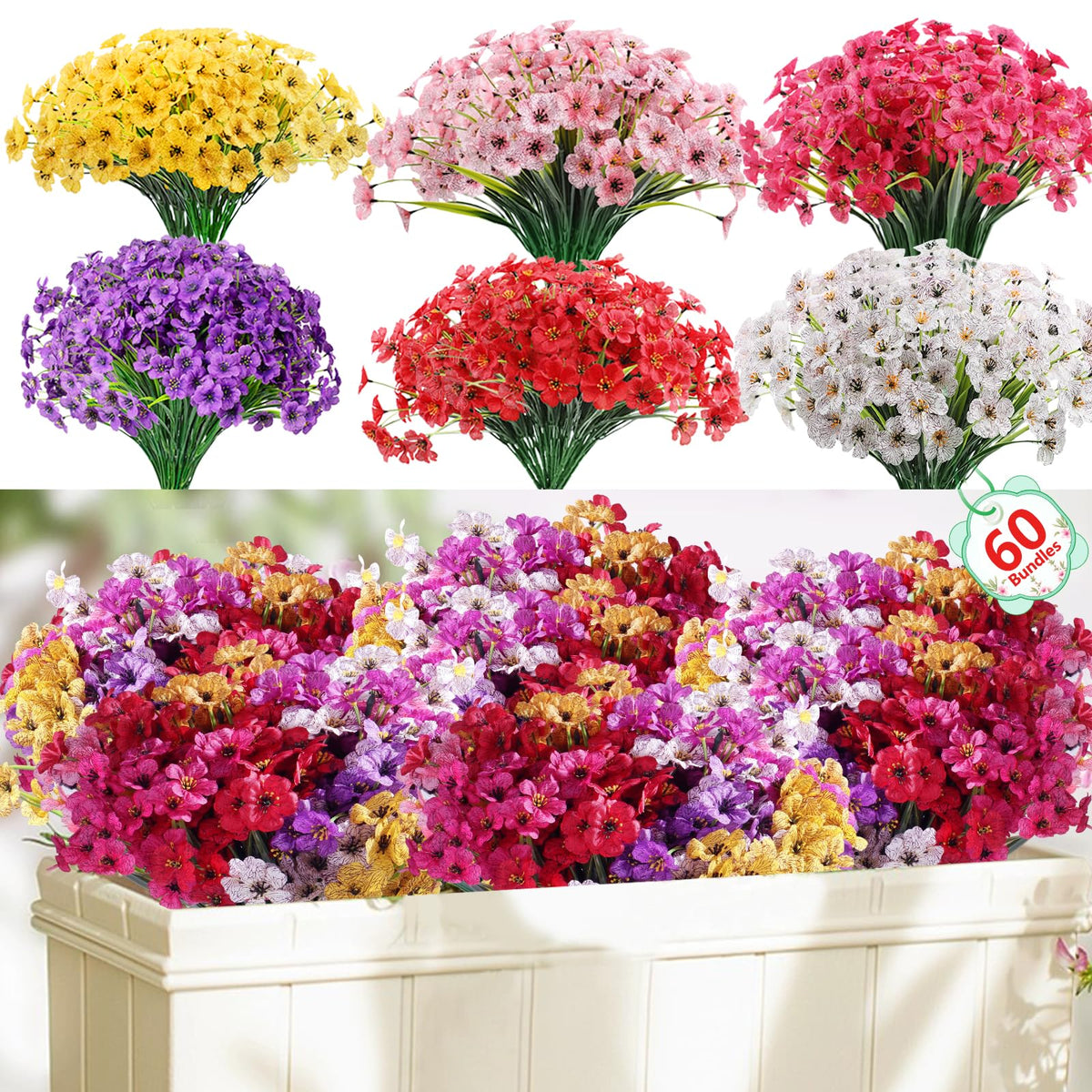 Powbrace porch planter with outdoor artificial flowers for year-round color