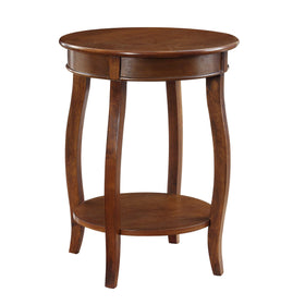 Powell Hazelnut round shelf table in-room setting demonstrates versatile living space
