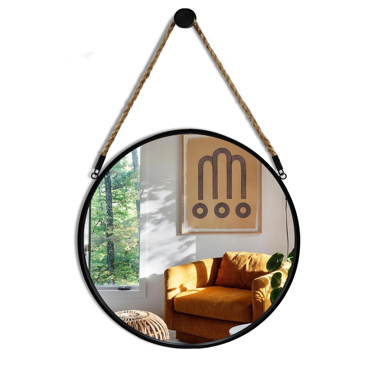 POZINO Round Mirror with rope hanging enhances entryways with depth.
