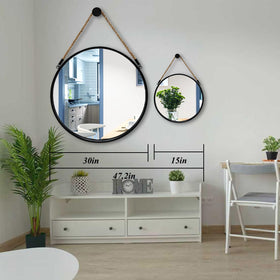 POZINO Round Mirror hangs easily with a 0.4 inch linen rope.