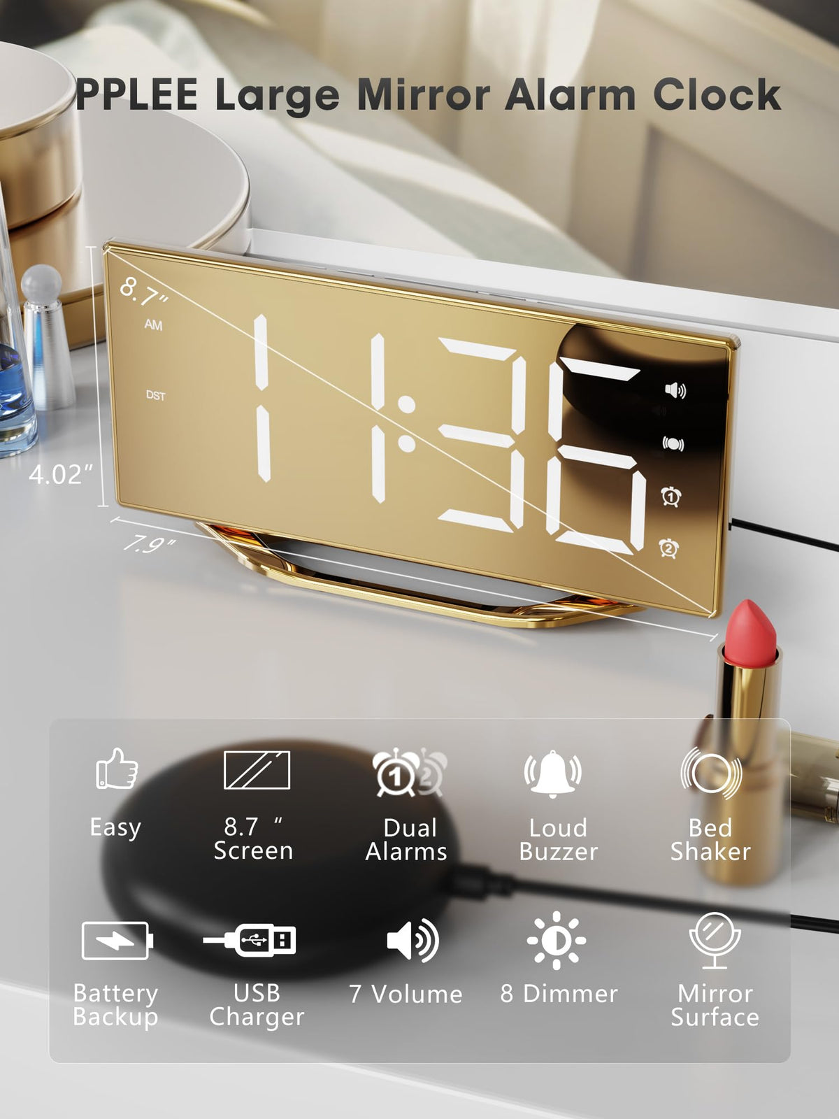 PPLEE 8.7-inch display mirror clock for easy time viewing and makeup.