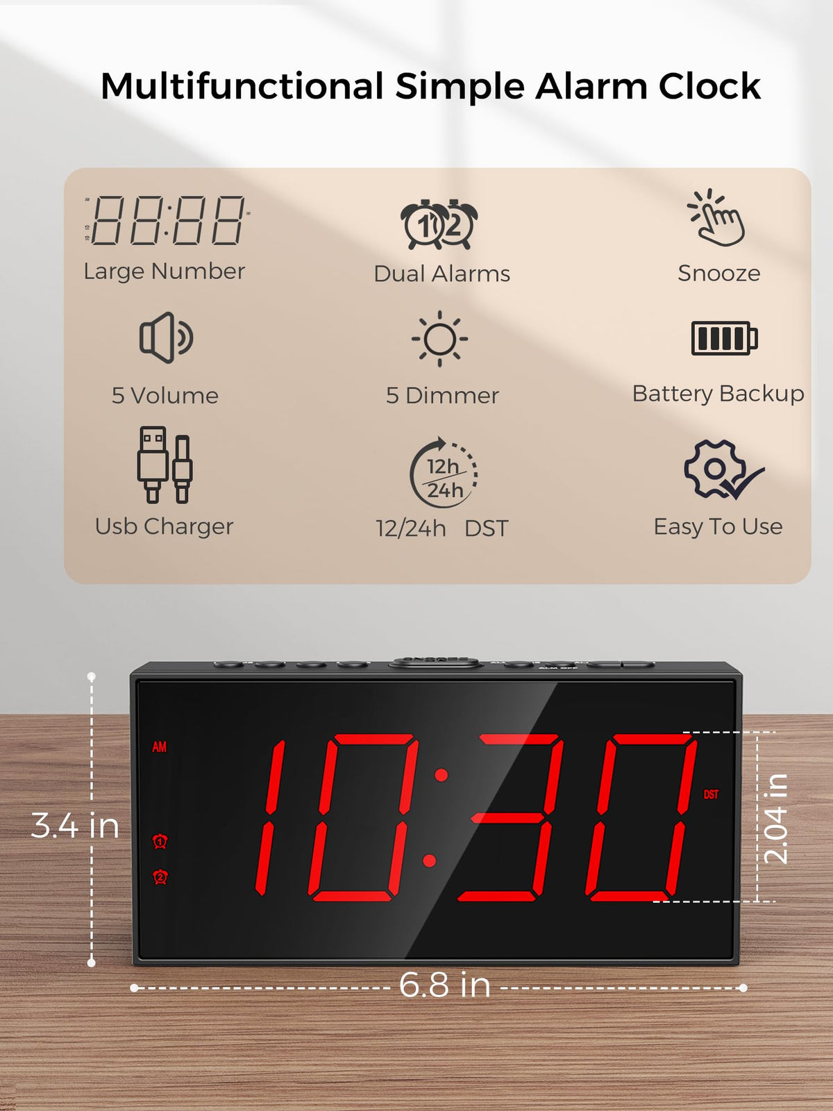PPLEE alarm clock with dimmable LED for comfortable day and night viewing