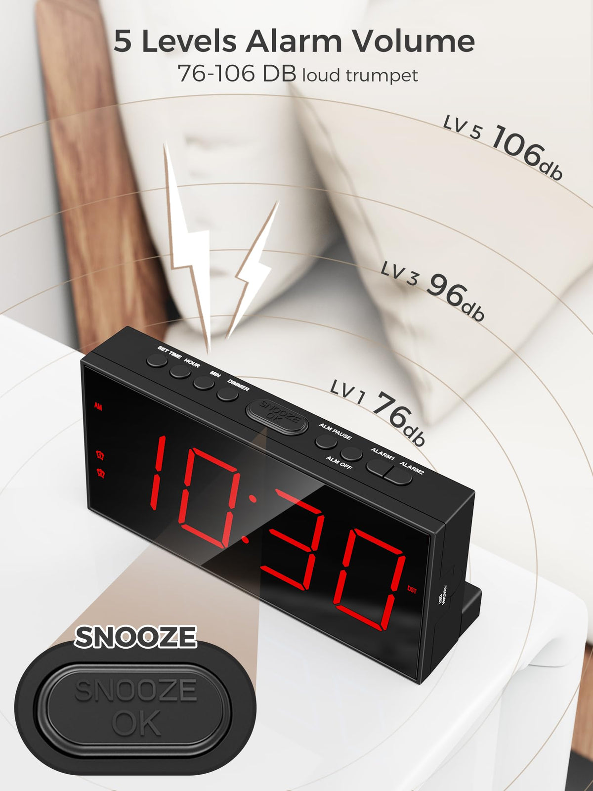 PPLEE clock offers five volume levels for gentle to firm alarms