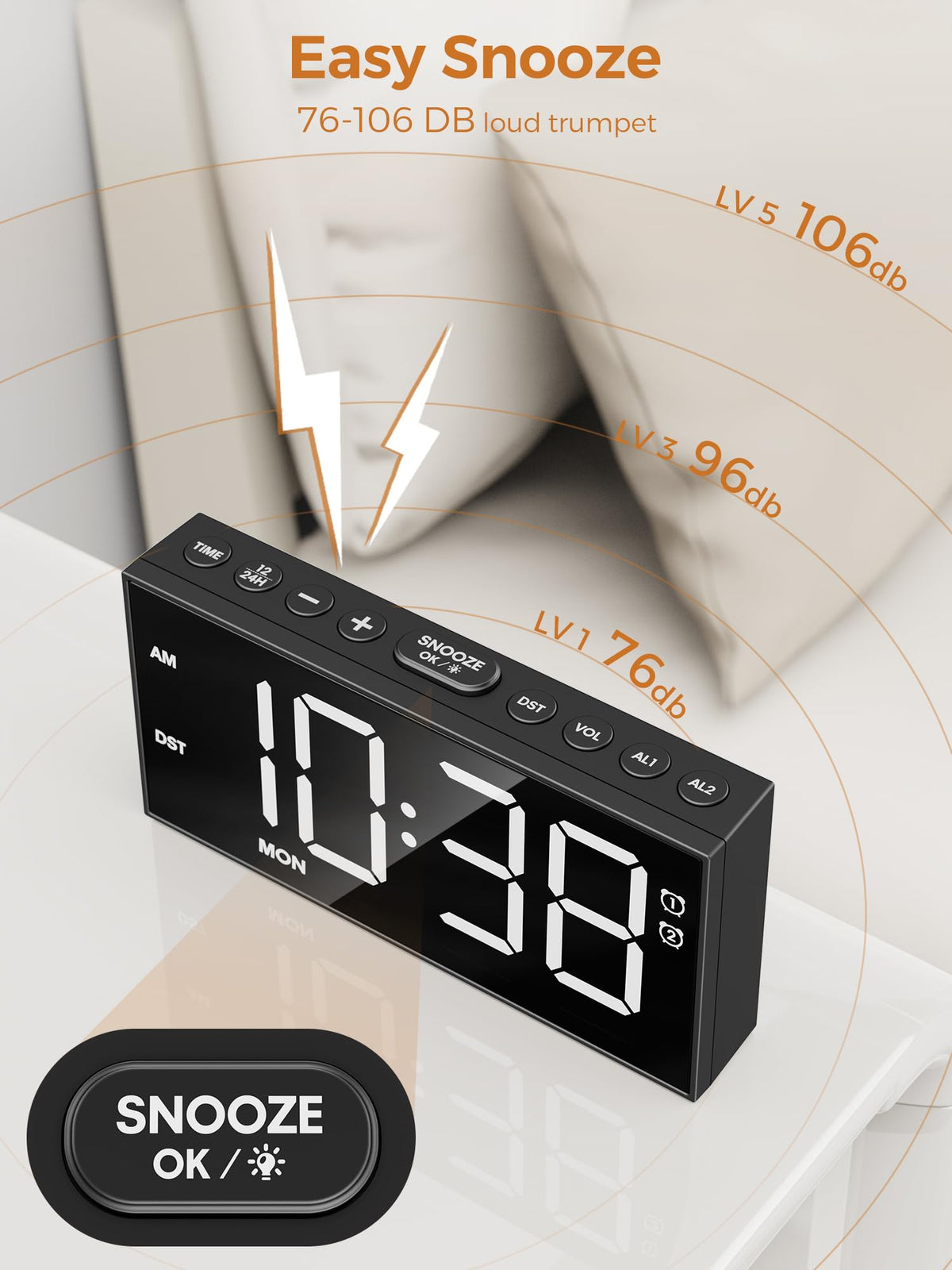 PPLEE alarm clock with dual alarms for separate wake times