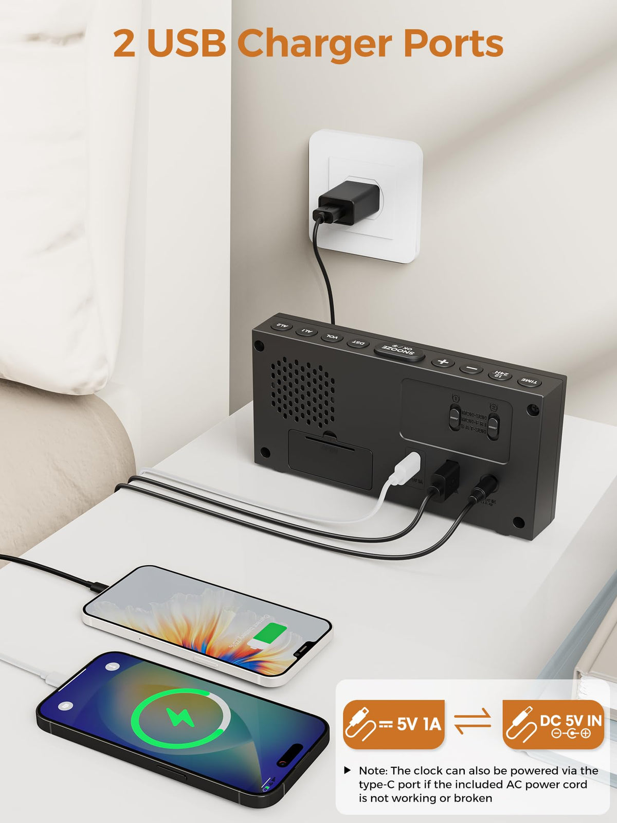 PPLEE alarm clock with USB and Type-C ports for charging devices