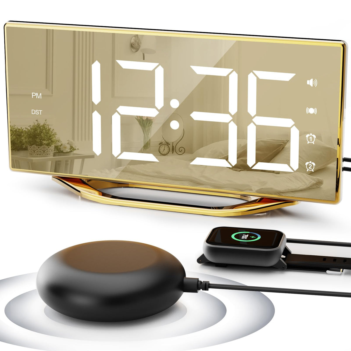 PPLEE loud alarm clock with bed shaker for heavy sleepers.