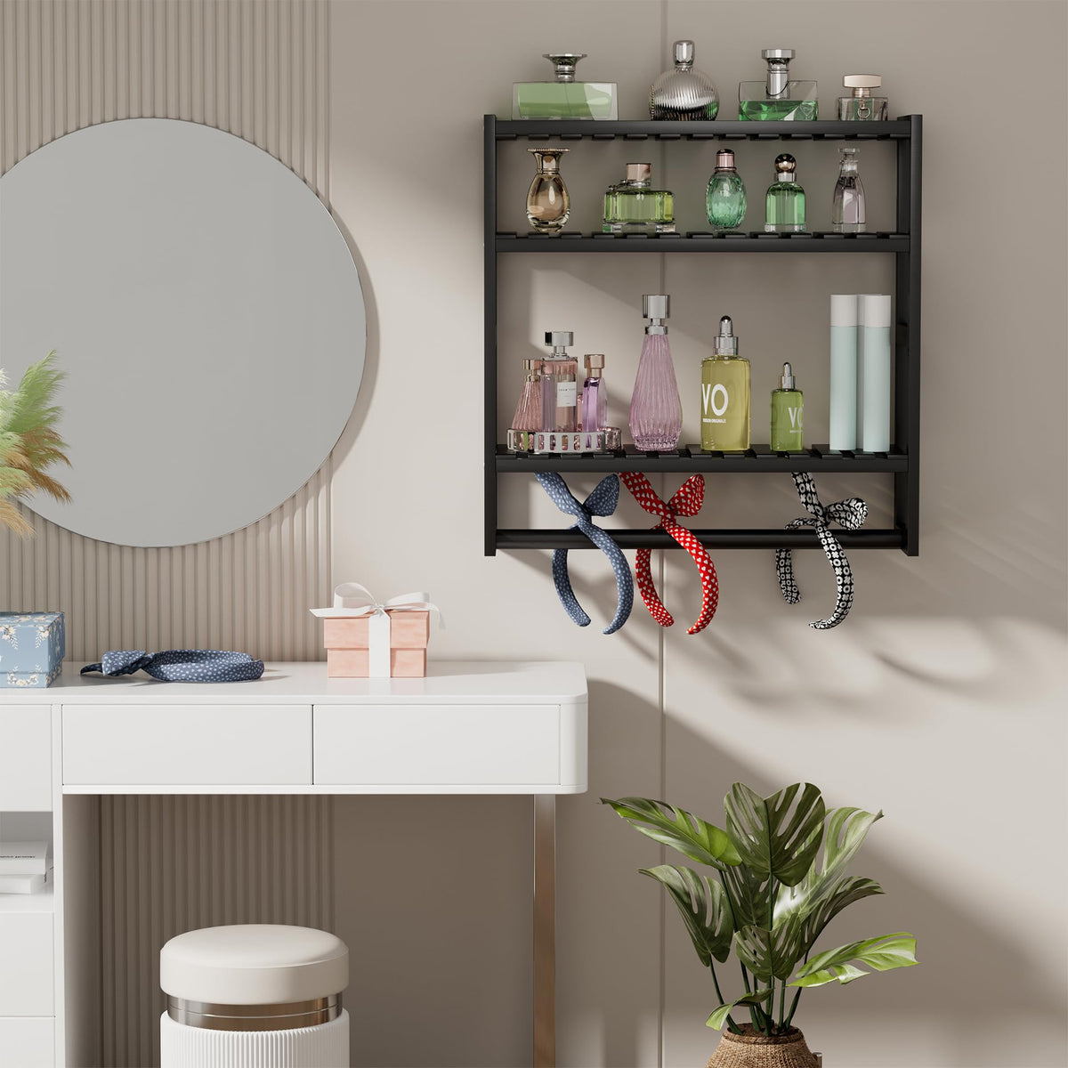 PPN towel and accessories on shelf illustrate practical bathroom organization.