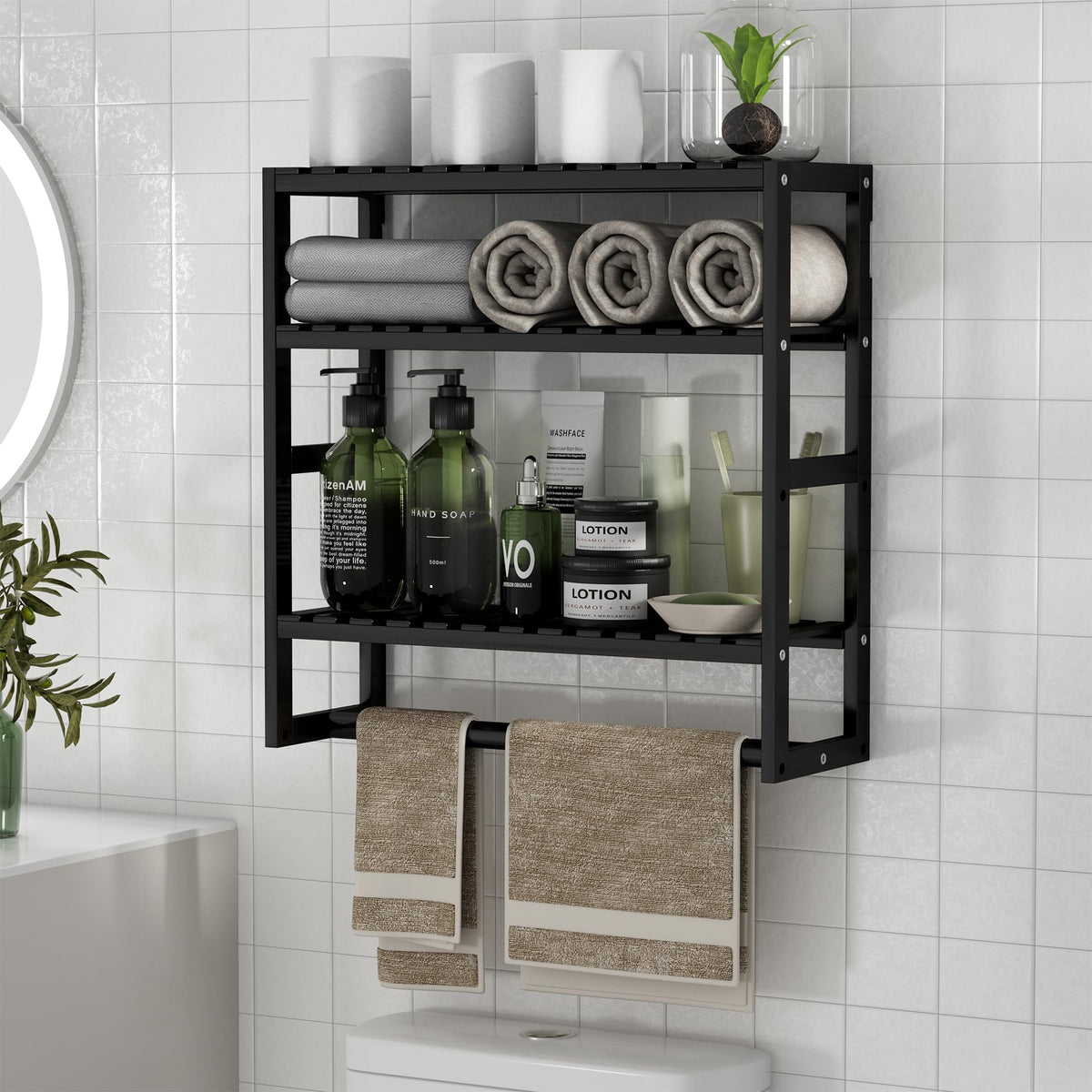 PPN towel rack over toilet in black with bamboo shelf for compact bathroom storage.