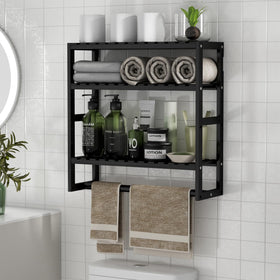 PPN towel rack over toilet in black with bamboo shelf for compact bathroom storage.