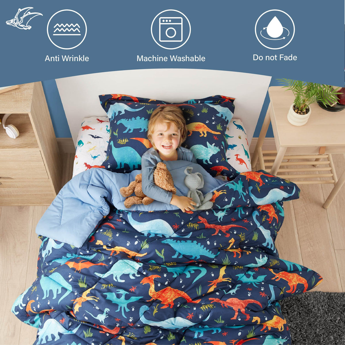PPOLCA dinosaur-design microfiber bedding feels plush and cozy.