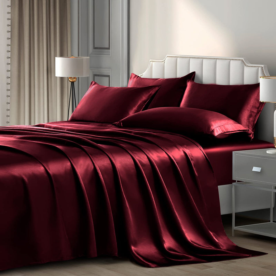 P Pothuiny king satin sheet set in burgundy for year-round luxury sleep