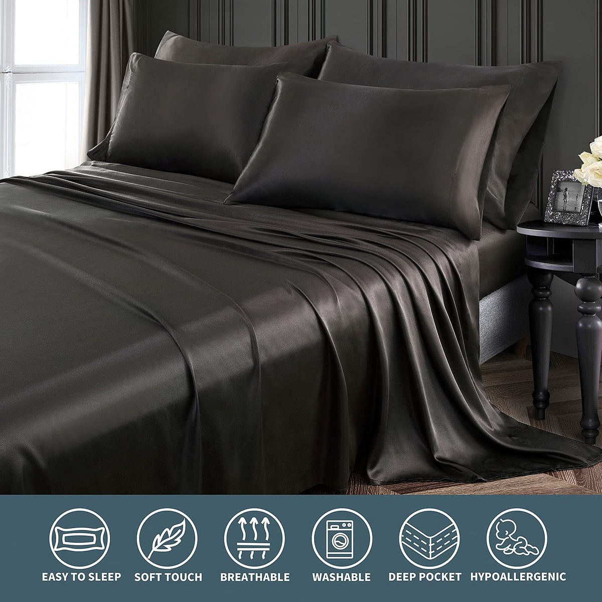 P Pothuiny Satin Sheets King bedroom setup, elegant black styling