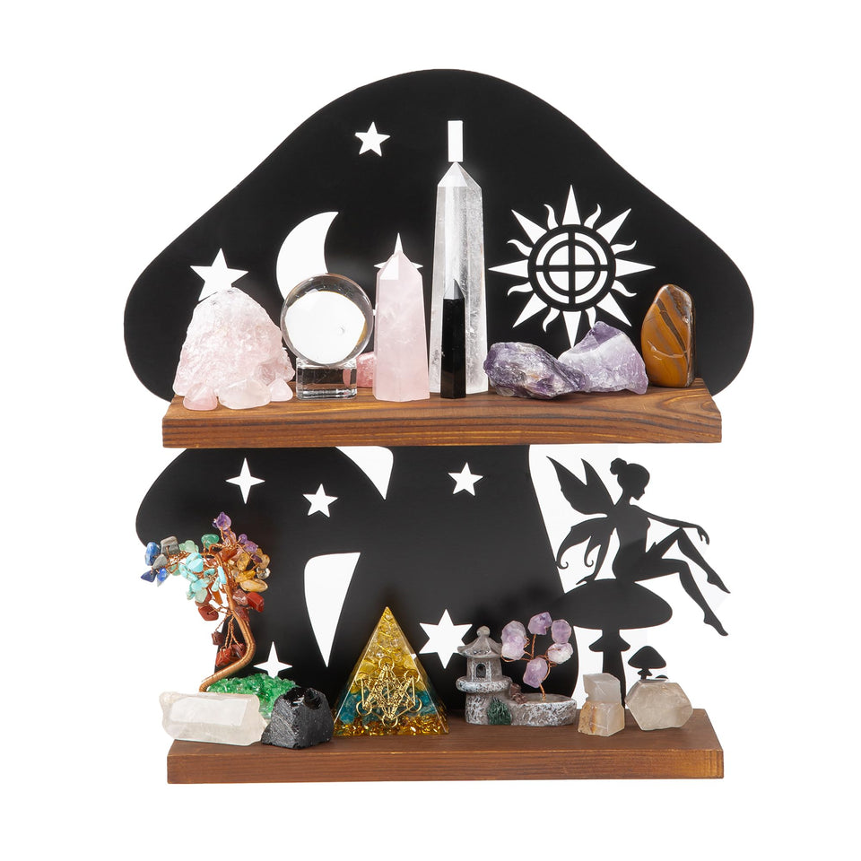 Pracaniz wooden mushroom shelf with iron backing for durable wall display of crystals