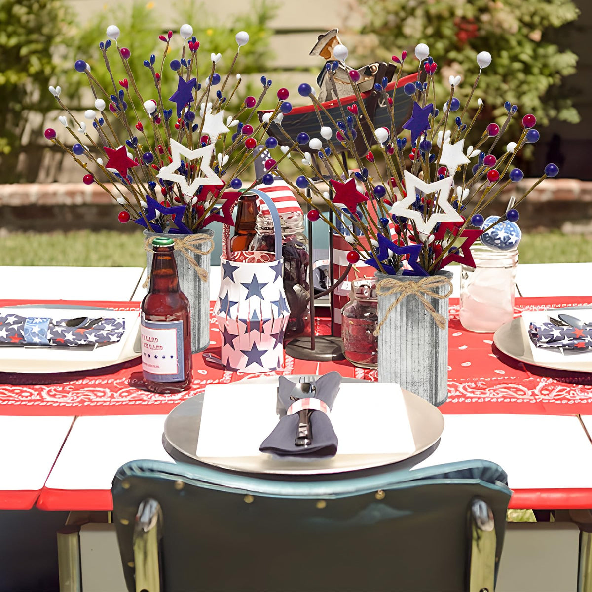 Prashent Fourth of July decor with vivid red white and blue accents