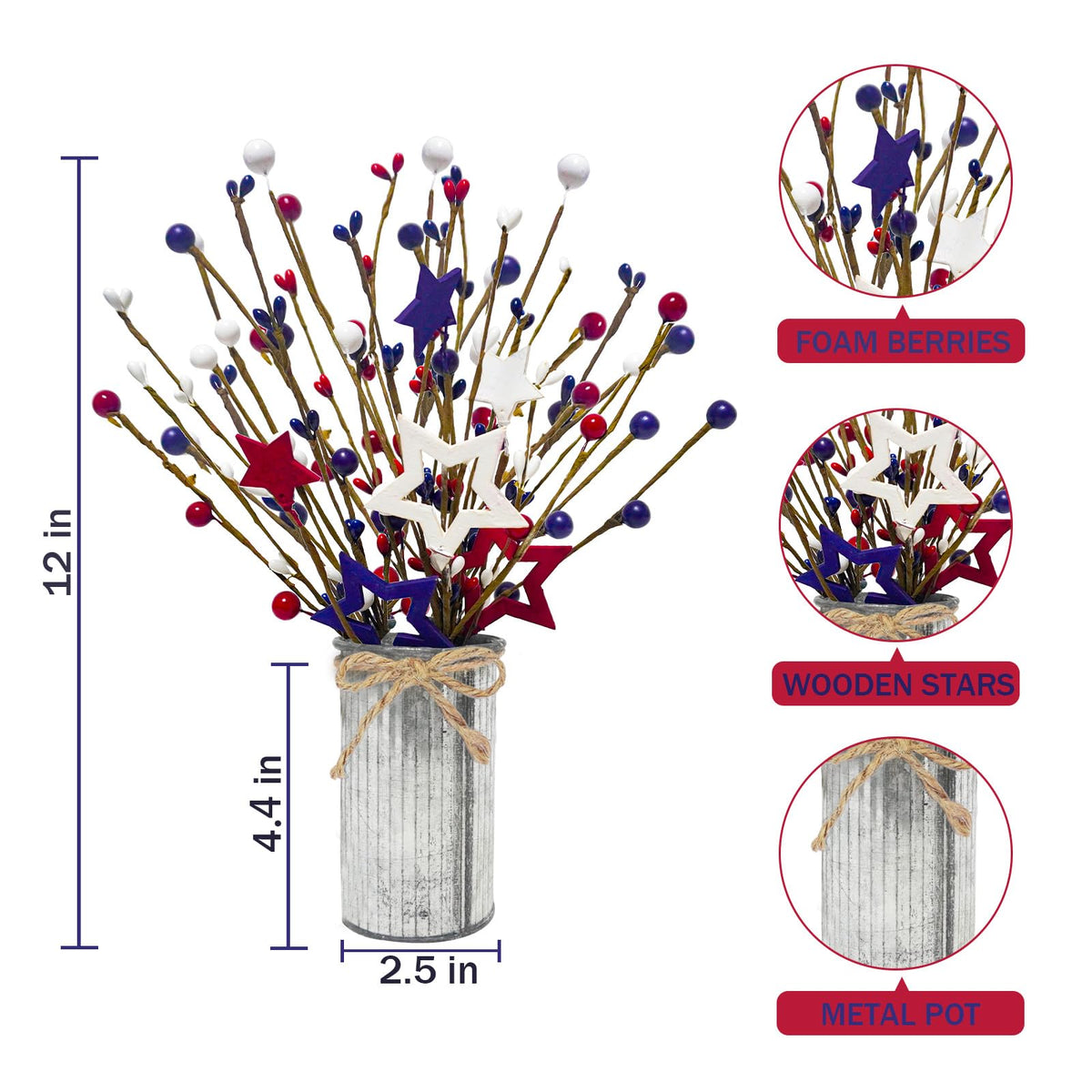 Prashent metal pot display supports a durable patriotic arrangement