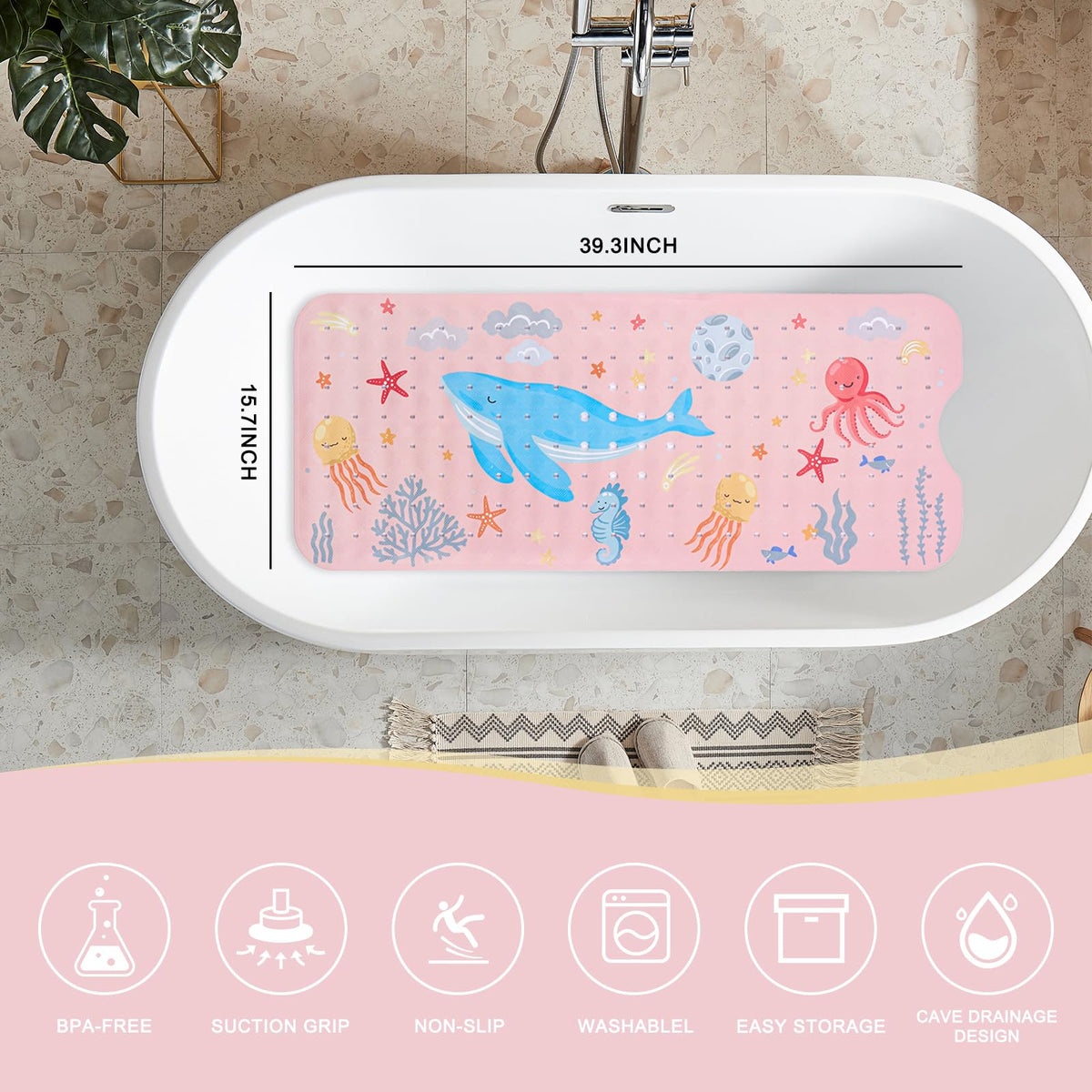 PRATIQUE bath mat with numerous suction cups grips smooth tub surfaces