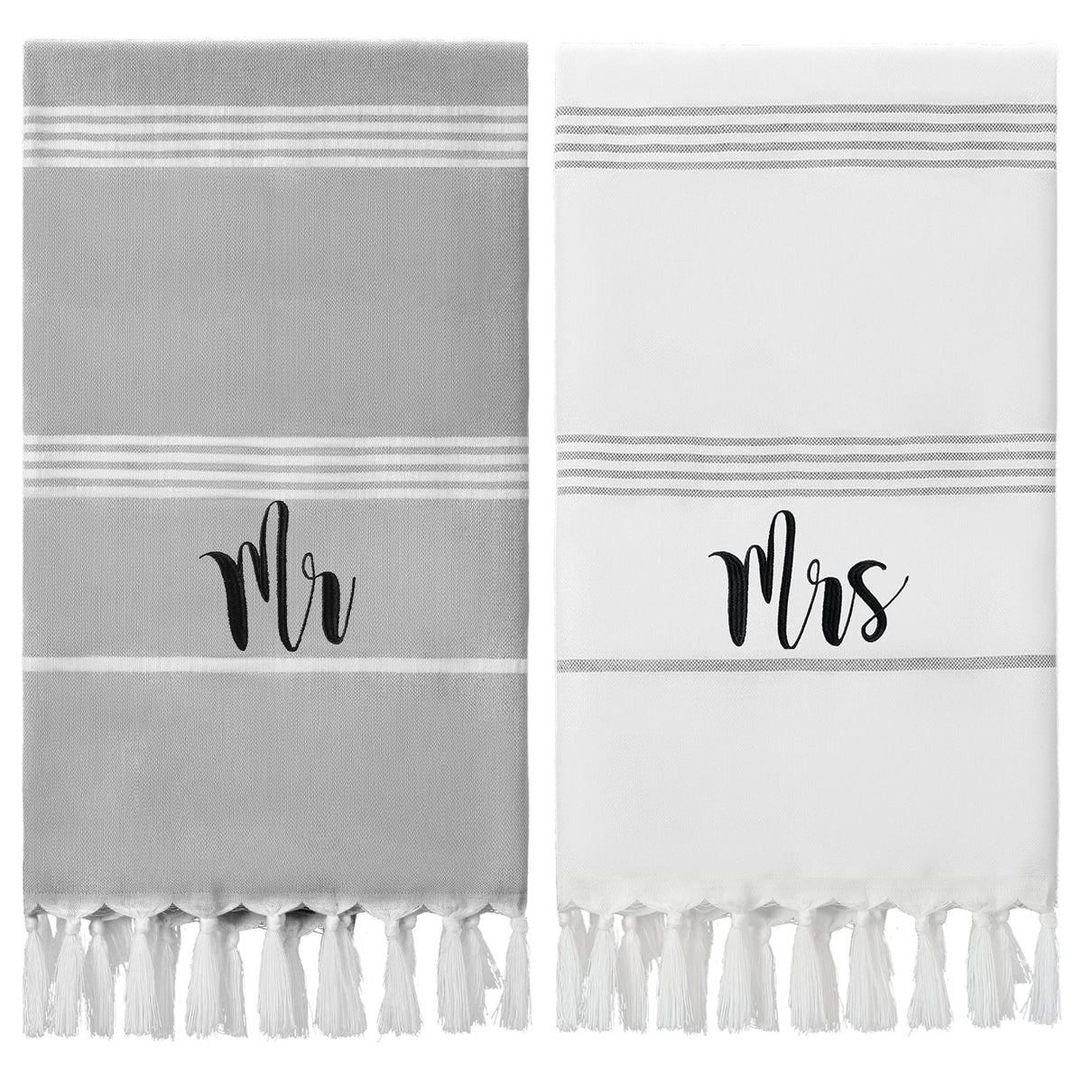 Preboun Mr and Mrs Turkish beach towels with stripes and embroidery for stylish beach days.