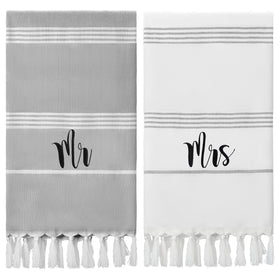Preboun Mr and Mrs Turkish beach towels with stripes and embroidery for stylish beach days.