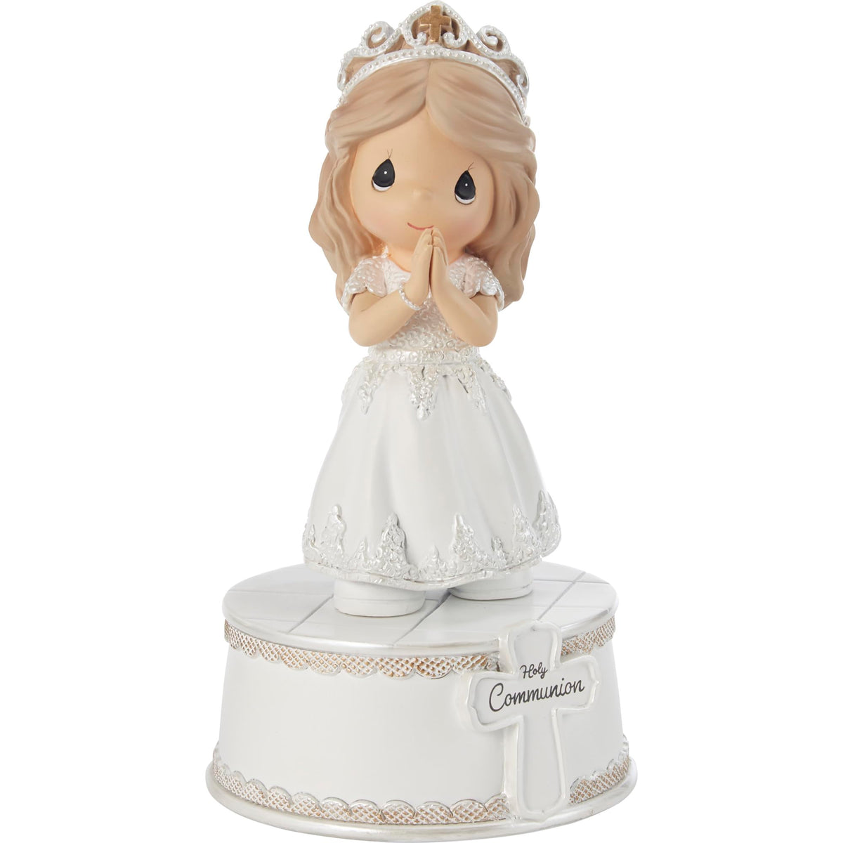 Precious Moments girl wears a white First Communion dress with lace accents for timeless display.