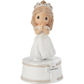 Precious Moments girl wears a white First Communion dress with lace accents for timeless display.