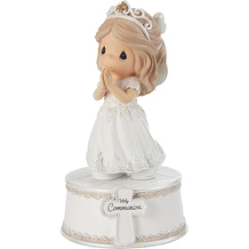 Precious Moments Holy Communion girl musical figurine in prayer, a decorative keepsake for a First Communion display.