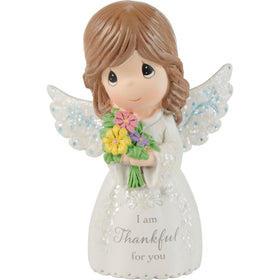 Precious Moments I Am Thankful For You angel figurine with bouquet, ideal appreciation gift.